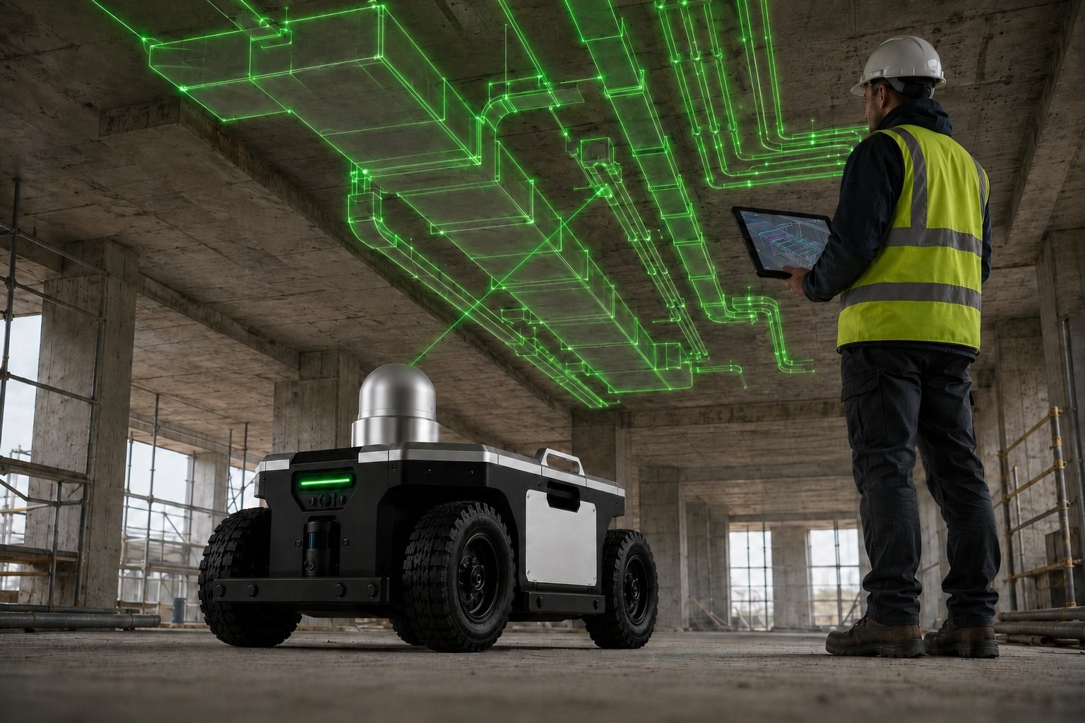 Konzeptvisualisierung: der Roboter richtet seinen grünen Laser nach oben und zeichnet den Verlauf von Lüftungskanälen und Rohrleitungen an die Betondecke; ein Bauarbeiter hält ein Tablet mit dem passenden 3D-Modell.