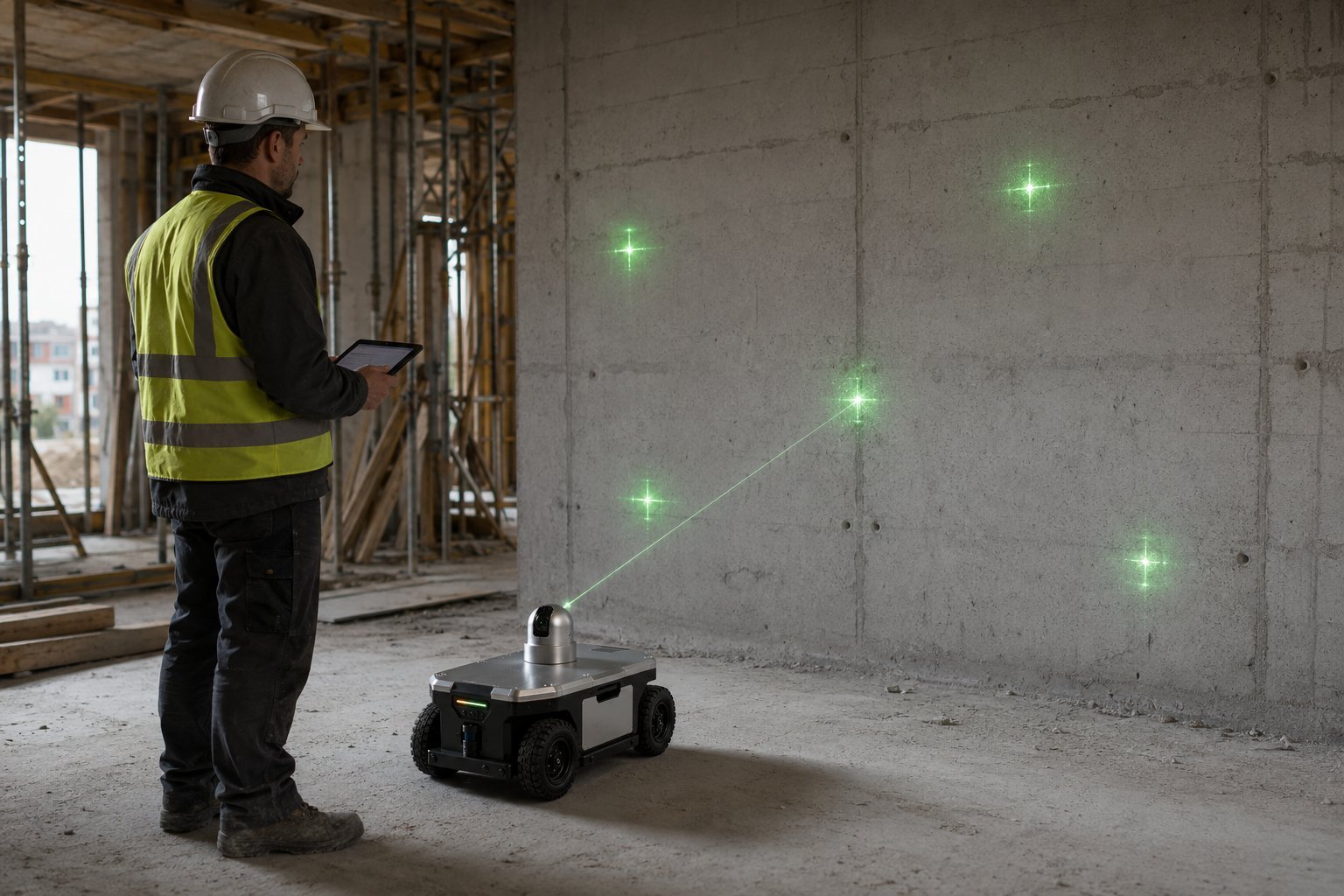 Konzeptvisualisierung: kompakter PRALEX-Roboter im Rohbau projiziert mehrere grüne Laserkreuze als Markierungspunkte an eine Betonwand; ein Bauarbeiter mit Tablet steht daneben.