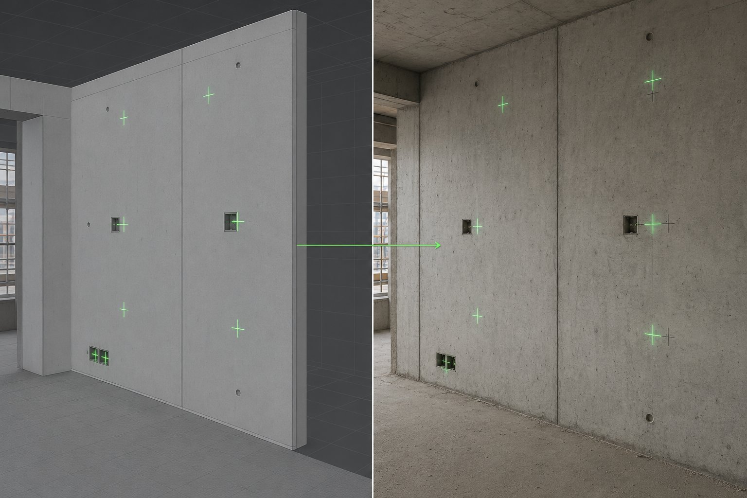 Diptychon: links eine 3D-Modellansicht einer Wand mit grün markierten Punkten, rechts dieselbe Wand im Rohbau mit grünen Laserkreuzen an den gleichen Positionen.
