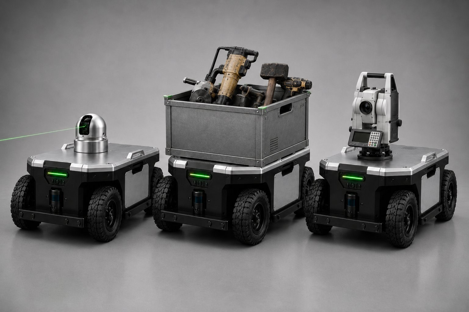Konzeptvisualisierung: dasselbe PRALEX-Chassis mit drei Aufbauten – Laser-Markierungskopf, Materialkorb mit Werkzeug für den Follow-Me-Betrieb und eine Totalstation für die Vermessung.