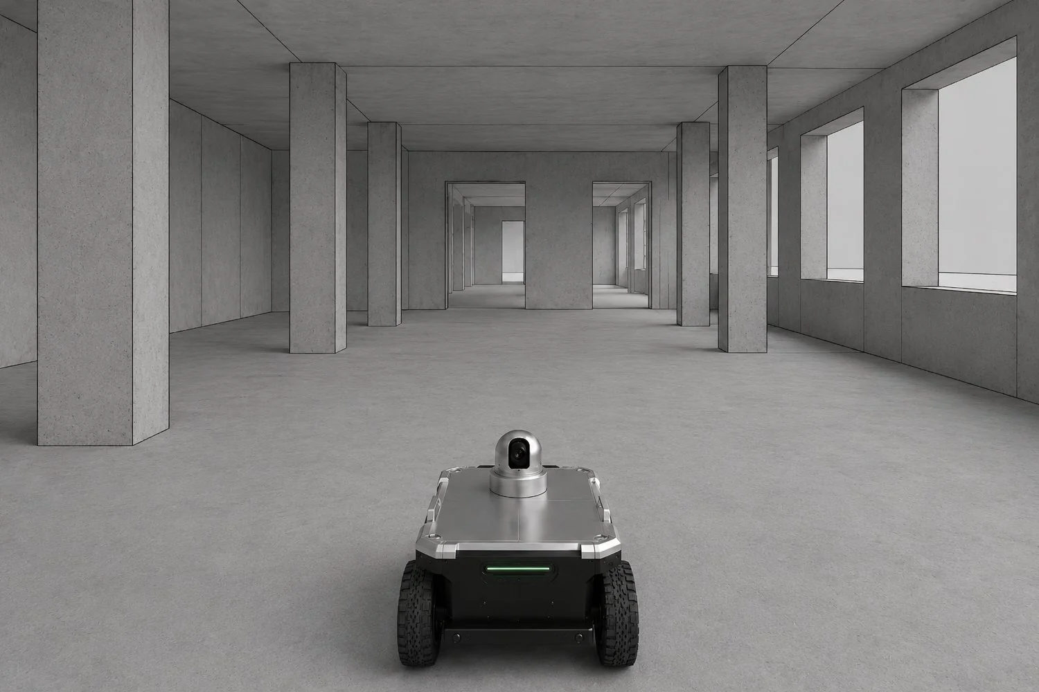 Konzeptvisualisierung: derselbe Raum als BIM-Modell in der Revit-Darstellung „schattierte Flächen“ – schlichte graue Betonflächen mit dünnen Kantenlinien, Stützen, Fensteröffnungen und Türdurchgängen.