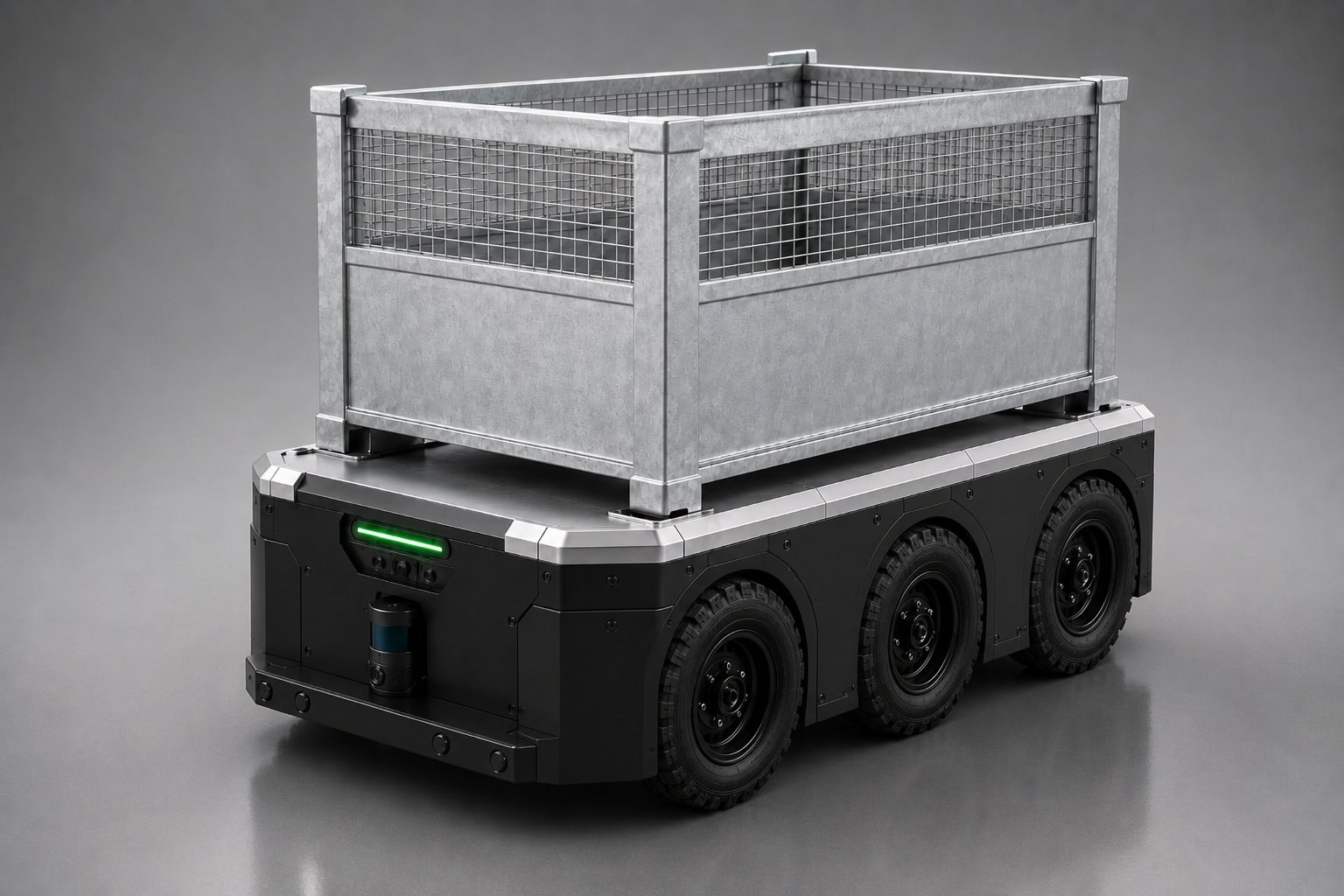 PRALEX-Transportroboter – sechsrädrige Plattform mit Stahl-Materialbox. Konzeptvisualisierung.